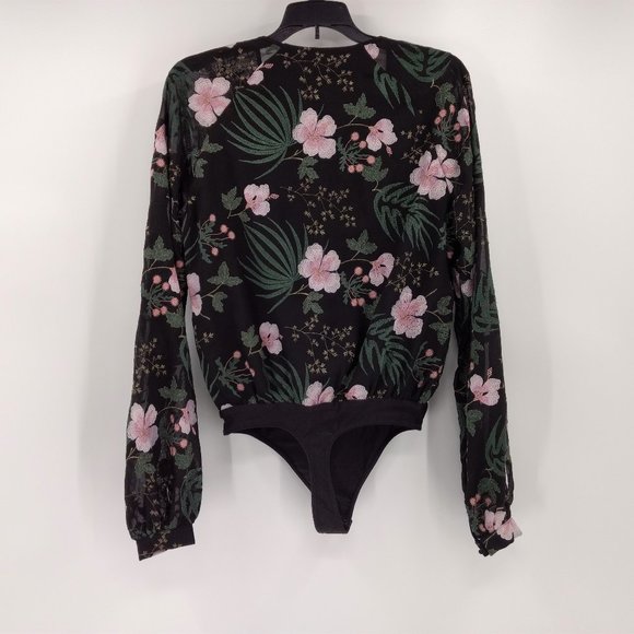 LOVERS & FRIENDS Laya Bodysuit XS‎ Black Pink Green Embroidered Long Sleeve - Picture 3 of 13